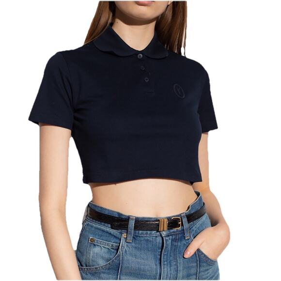 SAINT LAURENT YSL Monogram Cropped Polo Shirt Short Sleeve Logo Women’s L $680 - Picture 1 of 16